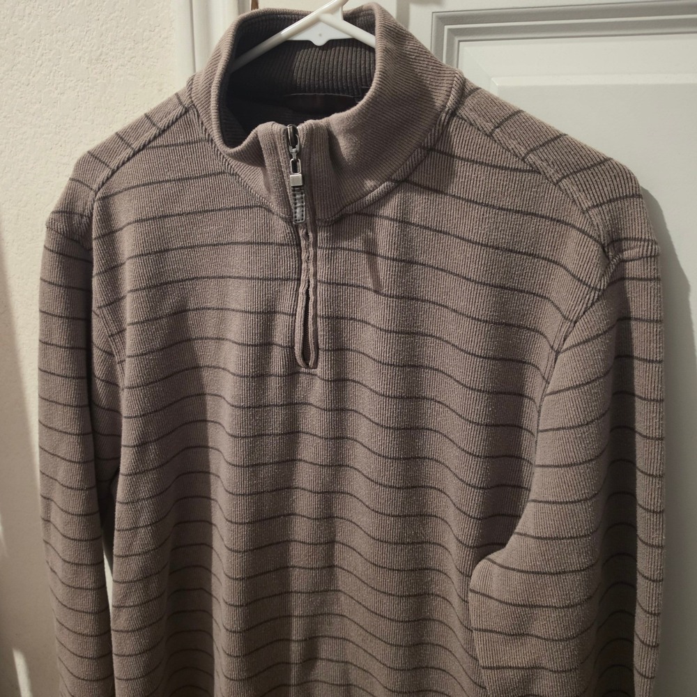 Tasso Elba Mens Large Taupe Brown Striped Quarter Zip Mock Neck Sweater Pullover